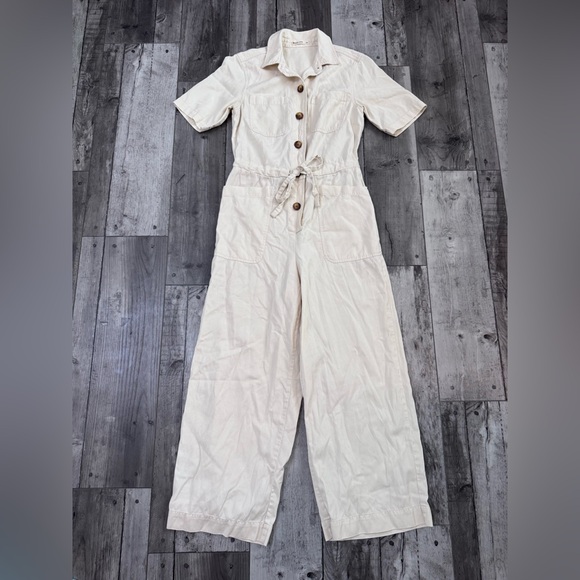 Marine Layer Short Sleeve Ivory Crop Pants XS Utility Jumpsuit Collar Button Up - Picture 1 of 7